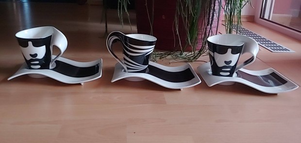 3 darab Villeroy & Boch porcelán fekete / fehér bögre + csészealjj
