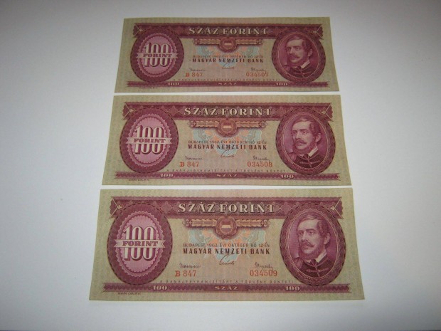 3 db 1962-es sorszmkvet 100 Forint paprpnz, bankjegy