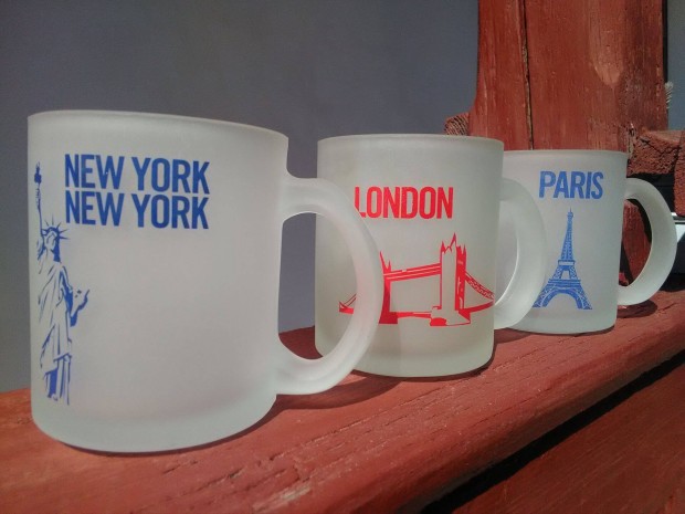 3 db London, New York, Párizs opál üveg bögre - új
