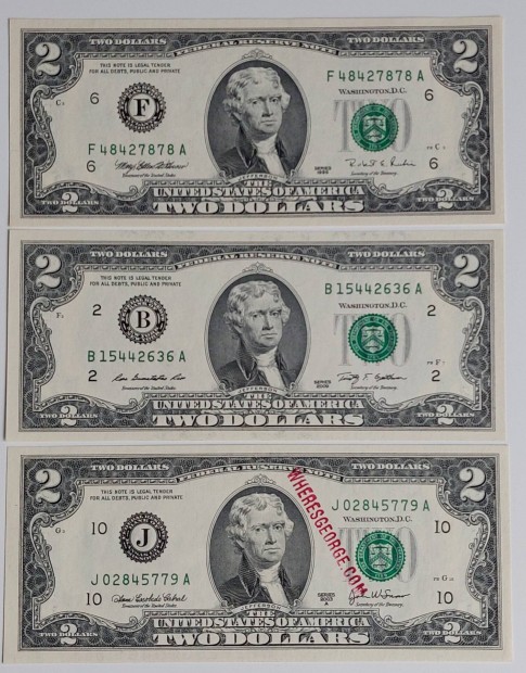 3 db USA 2 dollr, UNC bankjegy