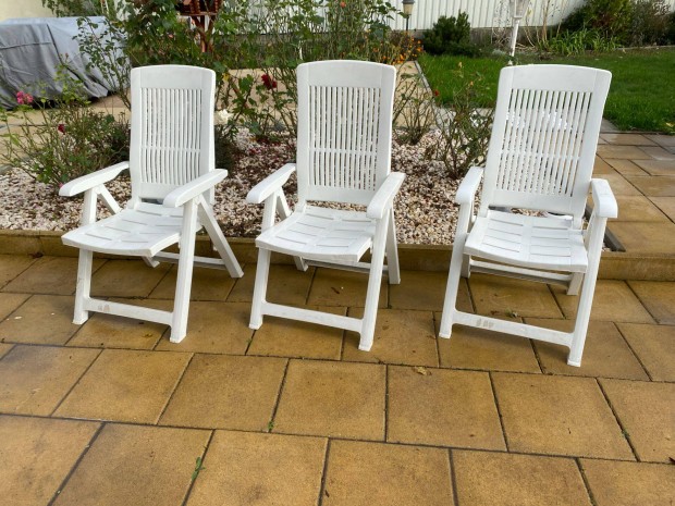 3 db erős Műanyag kerti szék Összecsukható Dönthető Fehér
