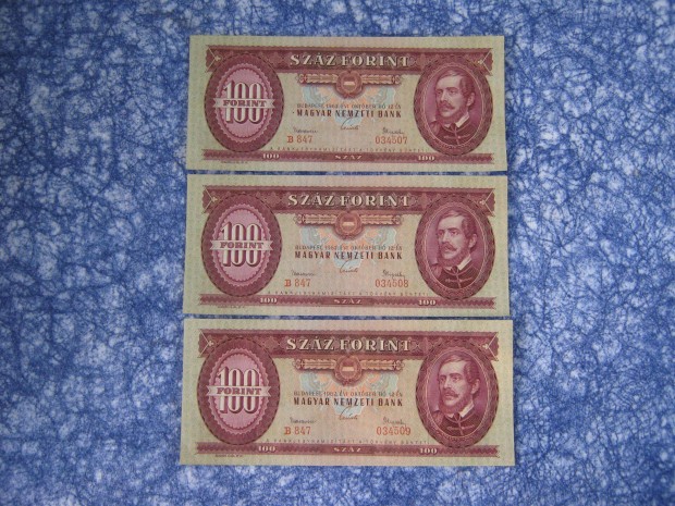 3 db sorszmkvet 100 Forint paprpnz, bankjegy