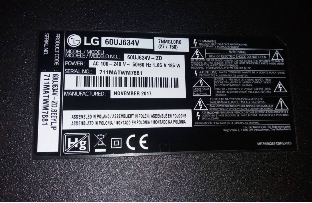 42 LG 60Uj634V UHD LED tv main board Tcon