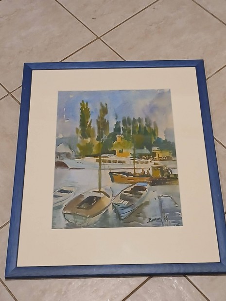 48x59cm akvarell festmny Balaton kikt haj 1958 szign