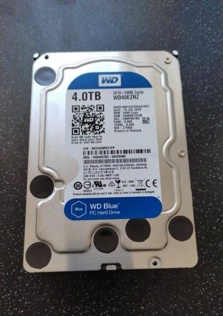 4TB WD blue HDD, 100/100/1000 llapotban, elad!