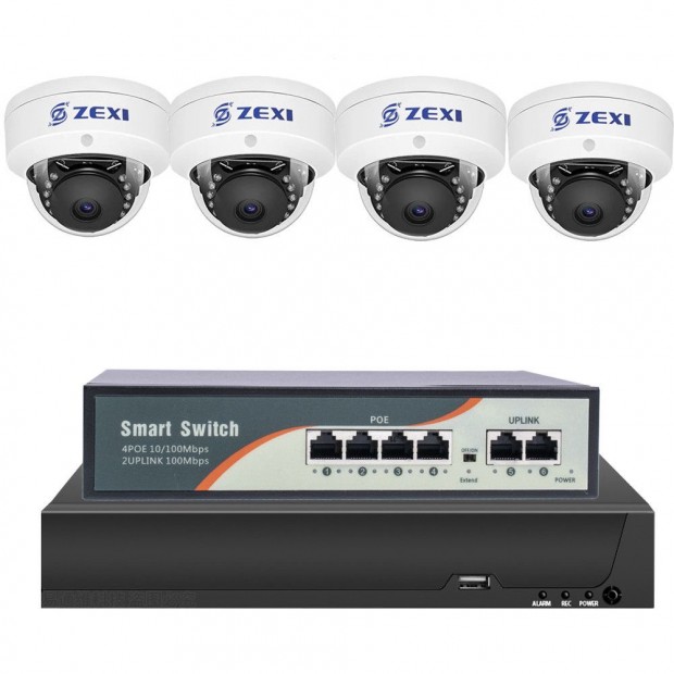 4 KAMERS 5MP IP, PoE SWITCH, H.265, ONVIF DOME KAMERA RENDSZER