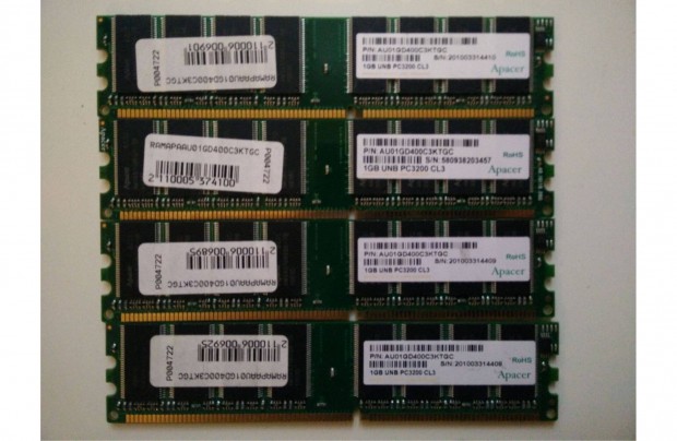 4 db Apacer 1 GB DDR400 PC-3200 tesztelt memria egyben, 2000 Ft/db