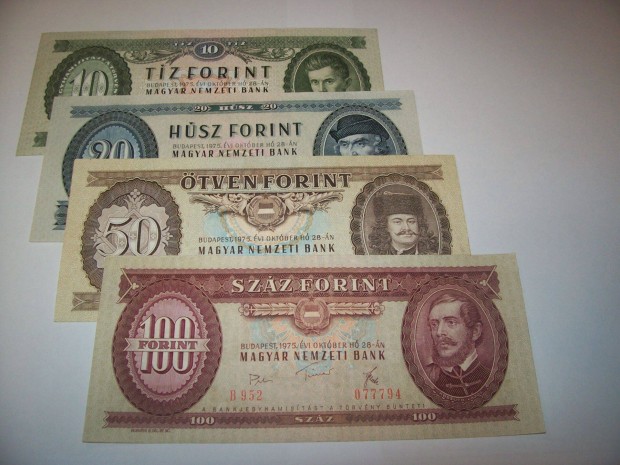 4 db egyben 10,20,50,100, 1975 vjrat forint sor. Kp szerint