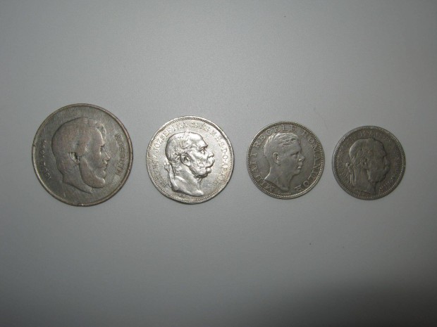 4 db ezüstpénz (1 Korona, 2 Korona, 5 Forint, 200 Lei)