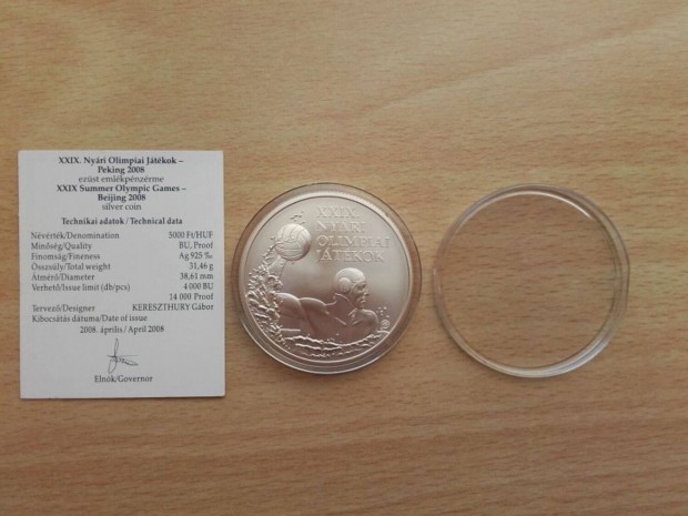 5000 Forint 2008 Pekingi olimpia ezüst BU érme + certifikáció