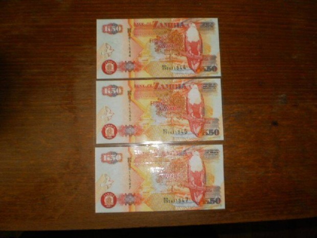 50 Kwacha 3 db sorszmkvet, s kzeli laminlt UNC elad