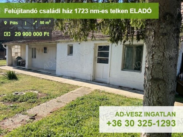50 nm-es felújítandó vagy bontandó családi ház 1723 nm-es telken