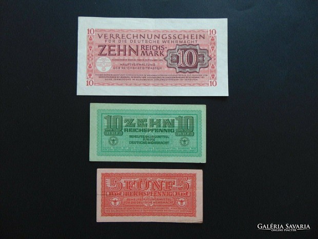 5 - 10 reichspennig - 10 reichsmark bankjegy 1944 3 darab bankjegy