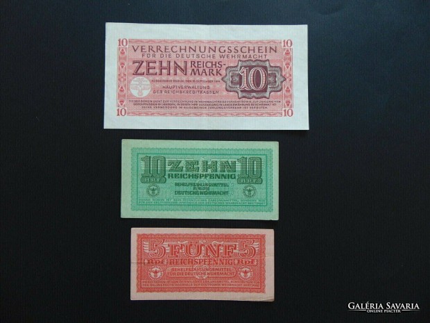 5 - 10 reichspennig - 10 reichsmark bankjegy 1944 Egy csomagban