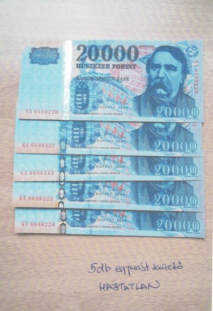 5 darab 20.000 Forintos bankjegy sorszámkövető hajtatlan