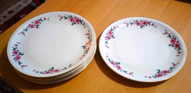 5 db. rózsaszín virágos Alföldi porcelán lapostányér