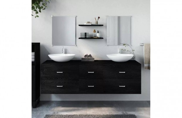 5 részes fekete szerelt fa fürdőszobai bútorszett