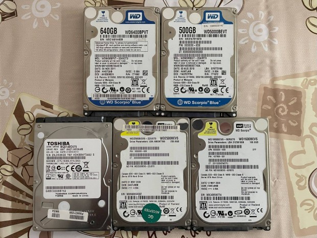 5db hibás 2,5" SATA (750-640-500-250-160GB) merevlemez HDD csomag