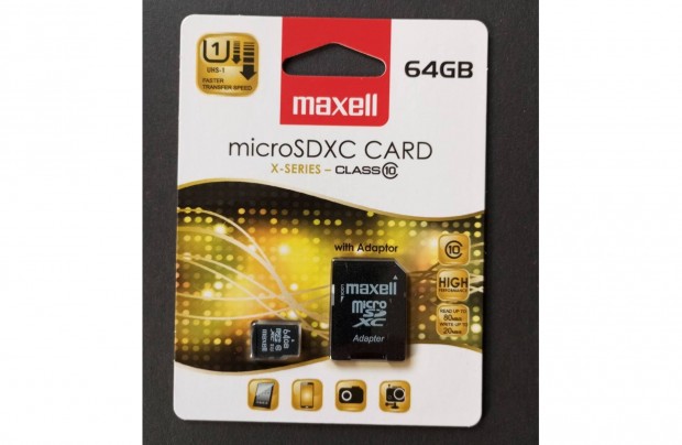 64GB 64 GB Microsd Micro sd krtya Maxell mrka class10 gyors SD adapt