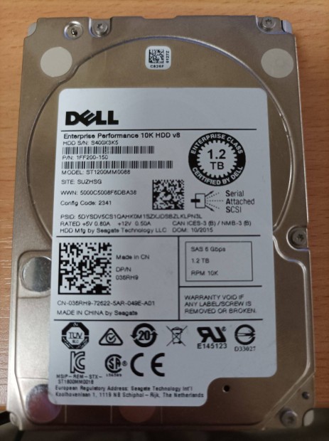 6Db Dell Szerver HDD 1.2 Tb 2,5"