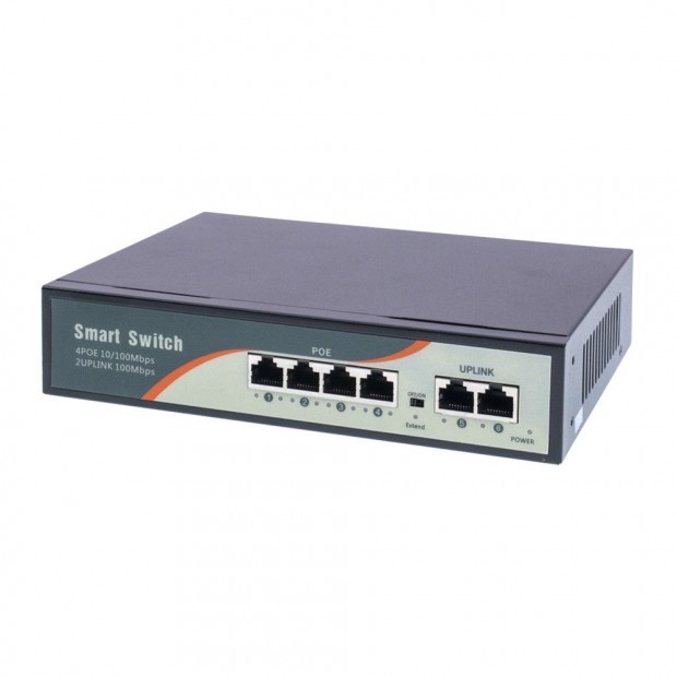 6 portos PoE switch ; 4 PoE 10/100 Mbps+ / 2 uplink port 100 Mbps; 48