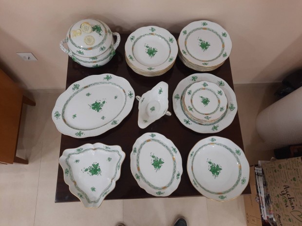 6 személyes Herendi zöld Apponyi mintás porcelán étkészlet, készlet 