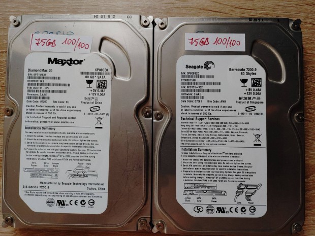 75 GB HDD SATA Maxtor vagy Seagate 100/100 Ft/db