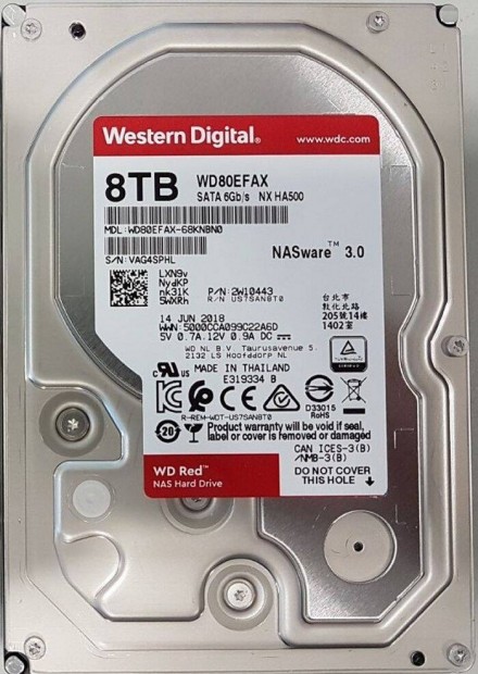 8TB Western Digital RED NAS merevlemez eladó (használt /2)