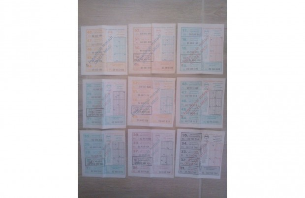 9 db retro lottó sorsjegy 5 féle színű szép állapotúak 1989-1990