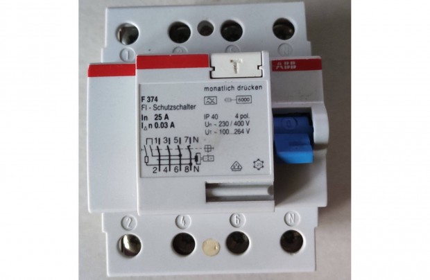 ABB A-tipus, 30mA, 3 fzis Fi-rel, 25A, F 374-es