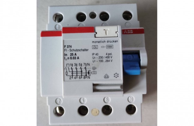 ABB F 374-es, A-tipus, 30mA, 3 fzis Fi-rel, 25A