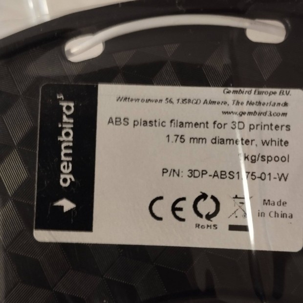 ABS filament, Gembird, 1 kg, fehr, 3D-nyomtatshoz