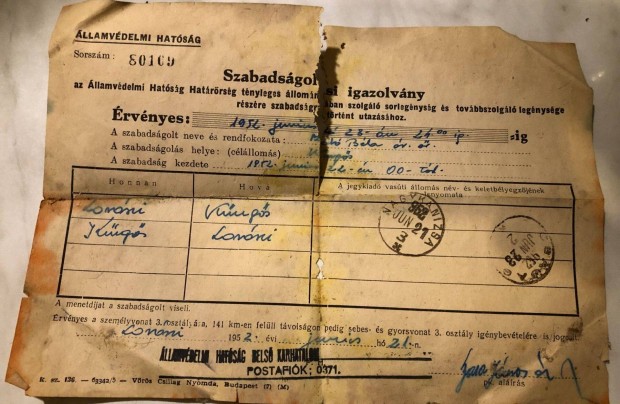 VH bels karhatalom szabadsgolsi igazolvny 1952