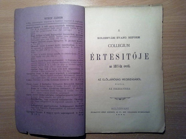 A Kolozsvri Evang. Reform. Collegium rtesitje az 1882-83-ik vrl