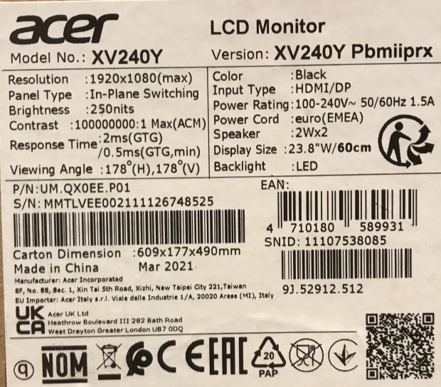 Acer XV240Y Nitro Xvo LCD monitor (alkatresznek)