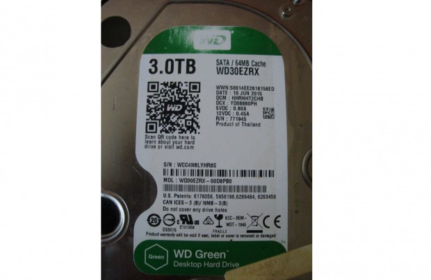 Adattrol merevlemez WD Green 3TB elad