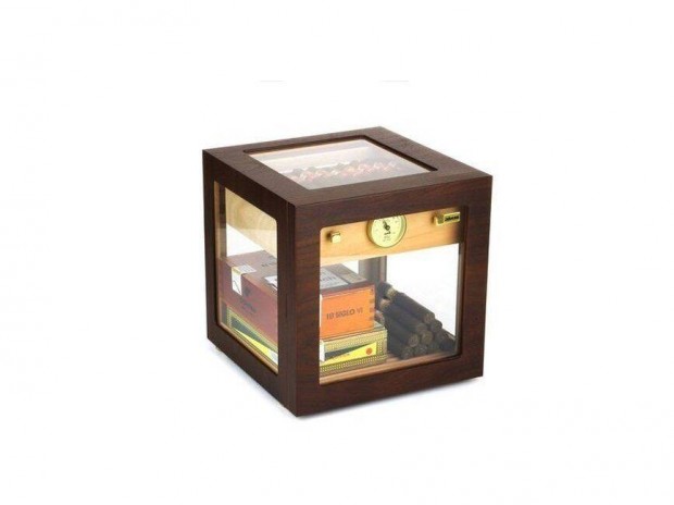 Adorini Cube Deluxe Humidor, diófa színű szivar szekrény - körbe üvege