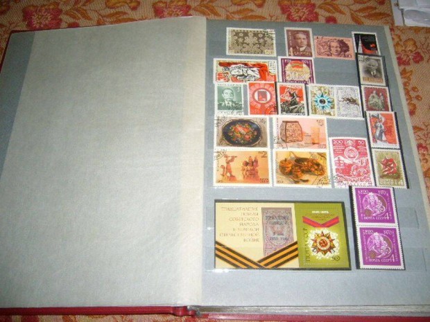 Album, bélyeg, régi, piros, Orosz, szürke lapok,