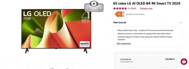 Alkukpes! LG OLED65B4 2024-es , j TV