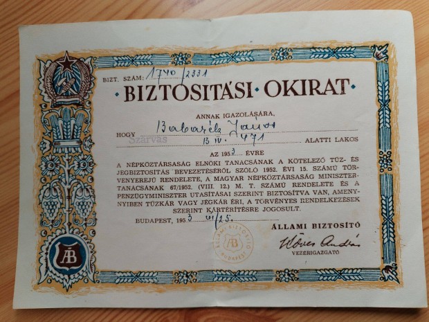 llami Biztost ltal 1953-as killtott biztostsi okirat tz- vag