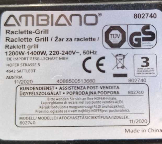 Ambiano asztali raclett grill