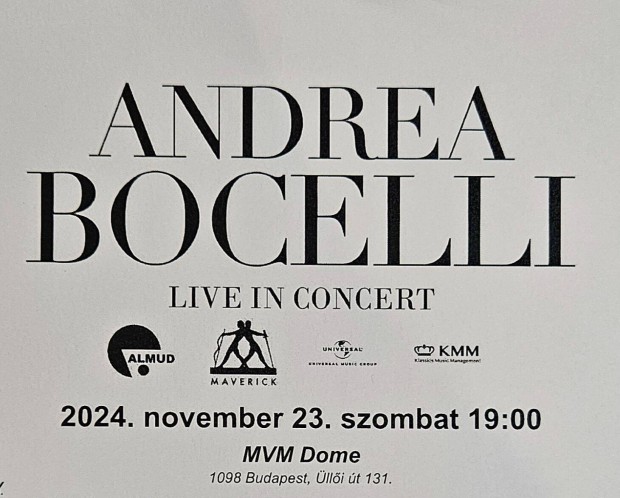 Andrea Bocelli koncert jegy 2 db