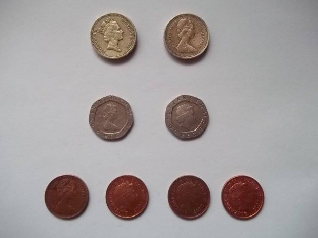 Angol 1 pound, 20 pence, 1 penny fémpénz érme