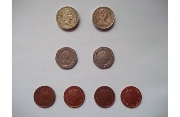 Angol 1 pound, 20 pence, 1 penny fémpénz érme