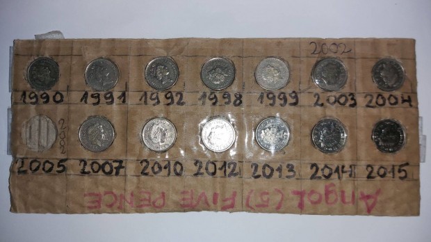 Angol Fíve Pence (5 pence) a Kép szerinti évszámokkal.14 DB