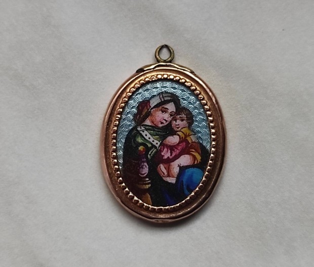 Antik Porcelán medál 14k arany, kézzel festett Mária kis Jézus
