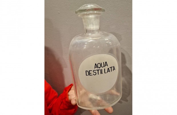 Antik, 24 cm-es gygyszertri patika veg 'Aqua destillata'