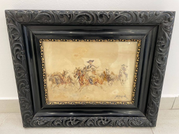 Antik lovas csiks akvarell 1937-bl ismeretlen szign
