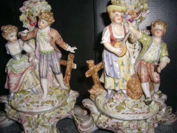 Antik nmet Sitzendorf porceln figurlis gyertyatart pr