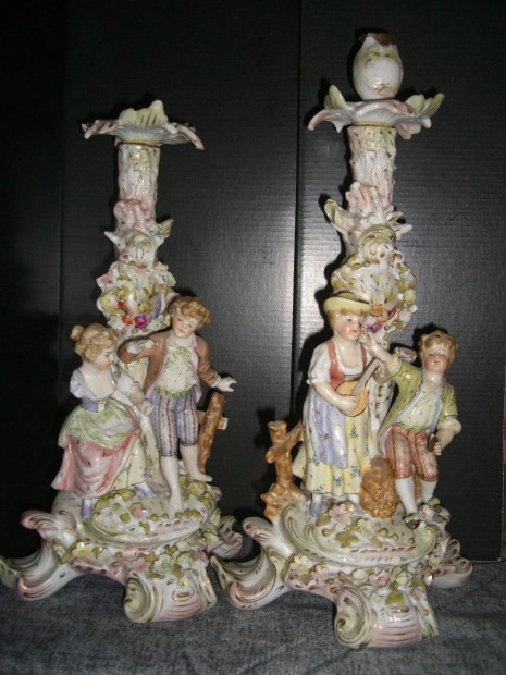 Antik nmet Sitzendorf porceln figurlis gyertyatart pr